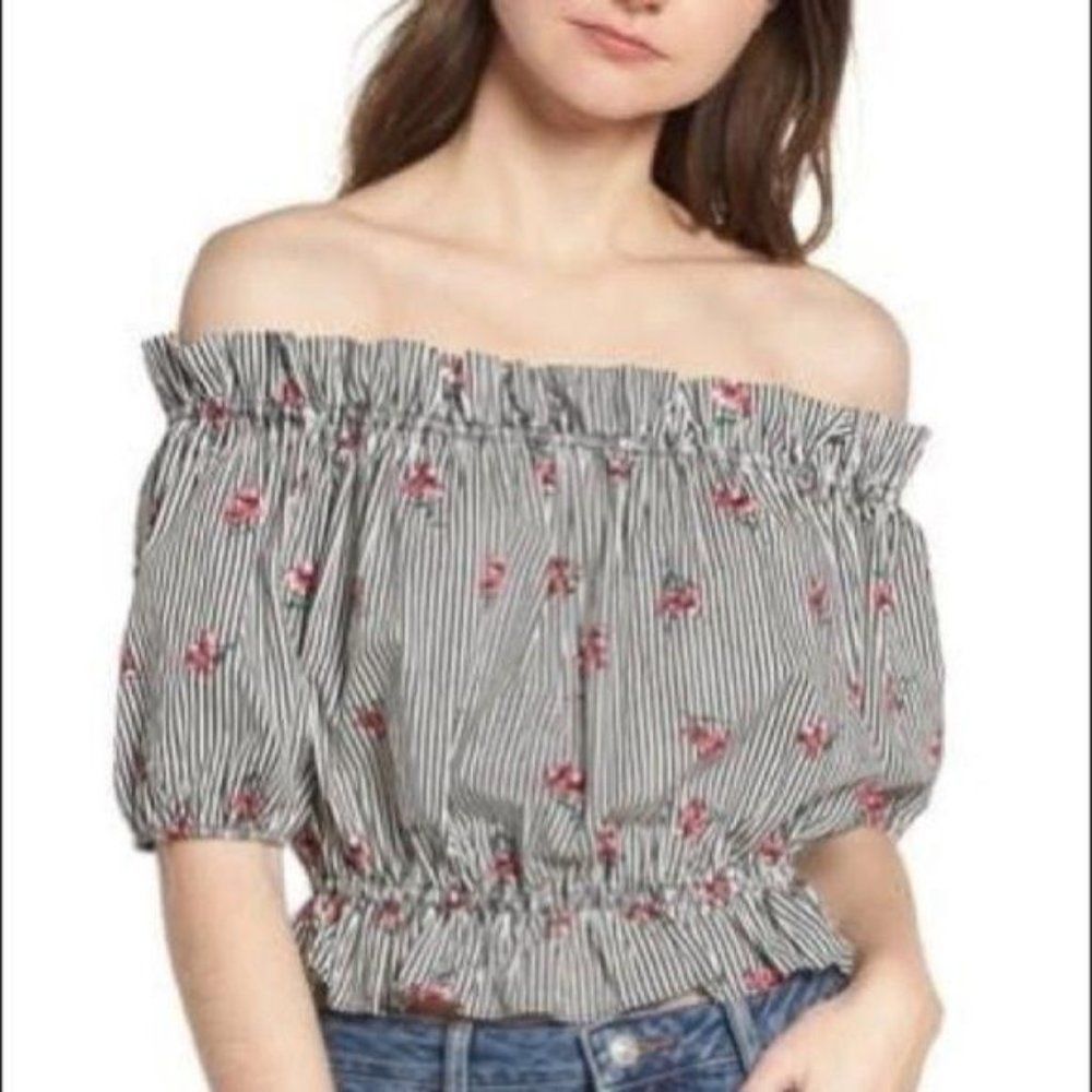 Soprano Woman's Black White Cropped Off Shoulder Stripe Floral Blouse Size Small